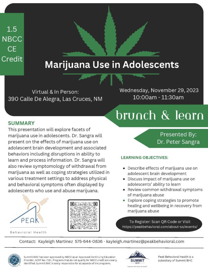 Marijuana Use in Adolescents: Brunch & Learn | Peak Behavioral Health